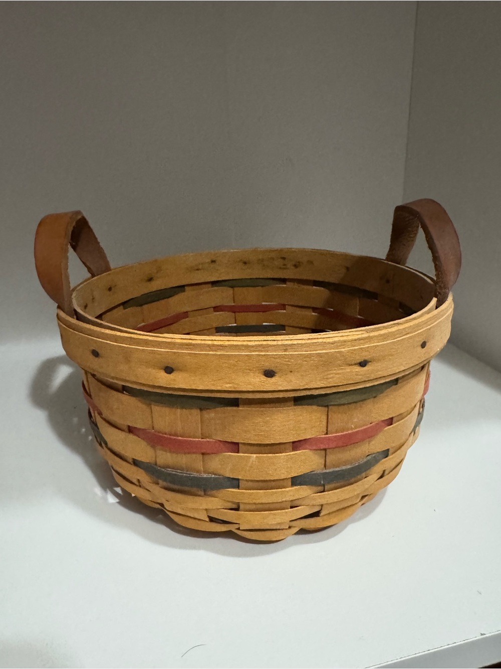 Longaberger Handwoven Basket with Leather Handles - Tan, Red & Gray